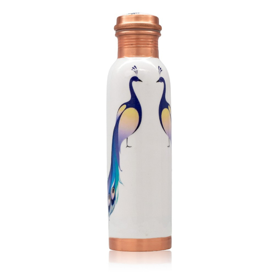 Medená fľaša na vodu Ajurvéda Biela Páv 950 ml