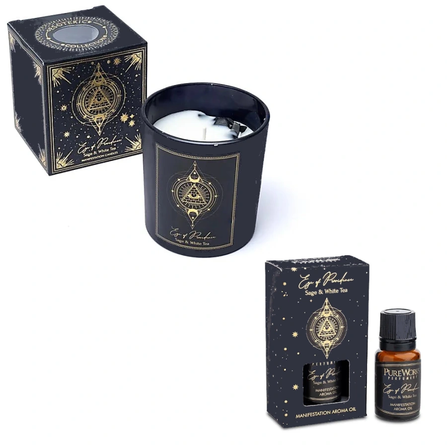 Sada Eye of Providence Vonná Sviečka s Obsidiánom a Esenciálny Olej Šalvia a Biely Čaj