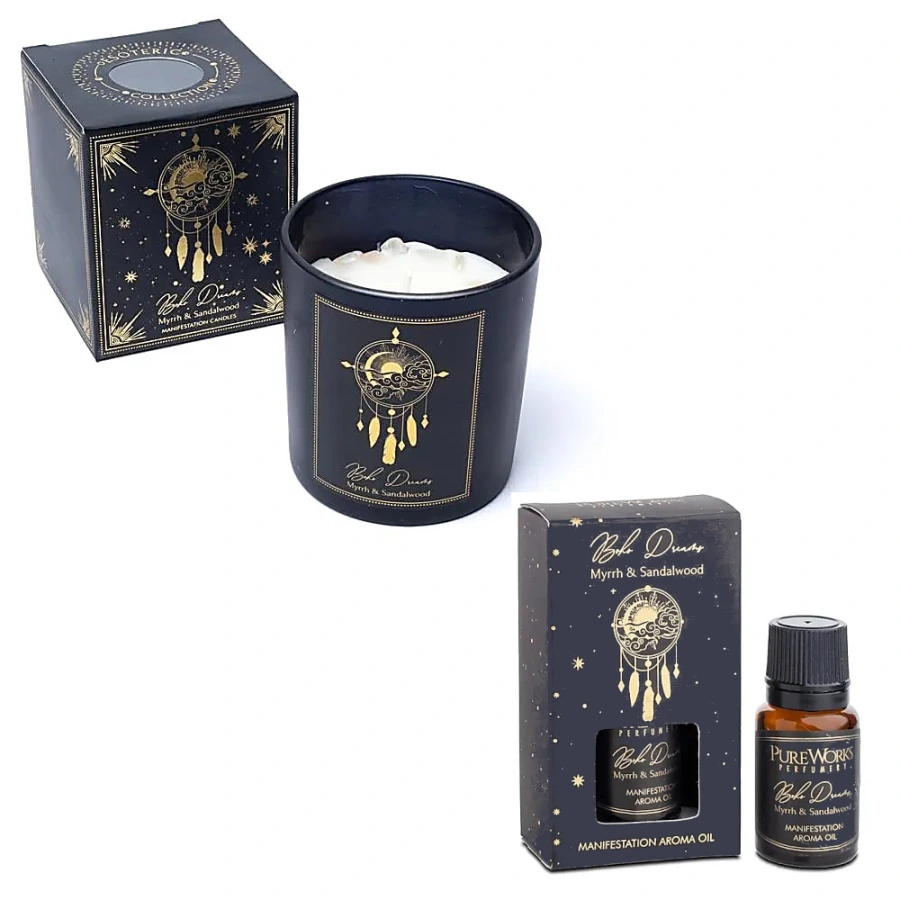 Sada Boho Dreams Vonná Sviečka s Krištáľom a Esenciálny Olej Myrha a Santalové Drevo