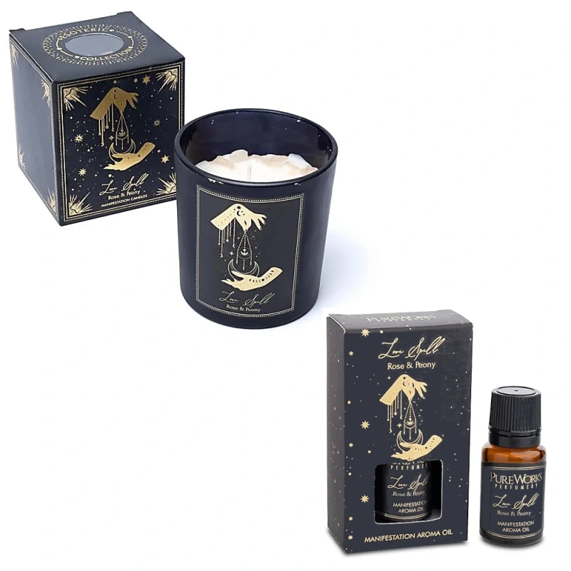Sada Love Spell Vonná Sviečka s Ruženínom a Esenciálny Olej Ruža a Pivonka