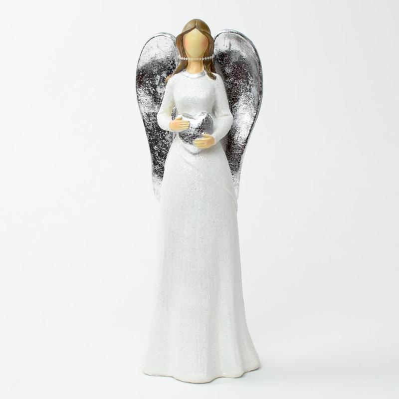 Anjel biely so striebornými krídlami a srdiečkom, 33cm