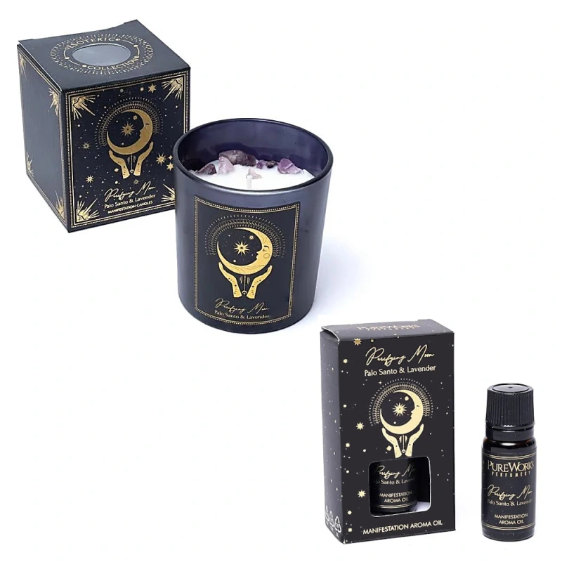 Sada Purifying Moon Vonná Sviečka s Ametystom a Esenciálny Olej Palo Santo a Levanduľa